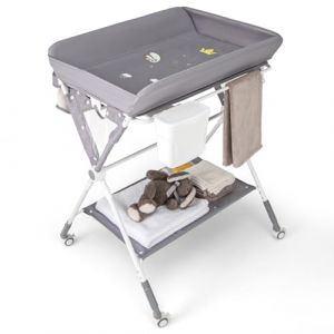 GOPLUS Table à Langer Bébé Pliante, Commode à Langer Réglable en 3 Hauteurs avec Roues Verrouillables, Poubelle, Panier de Rangement, Étagère, Ceinture de Sécurité, pour 0-12 Mois (Gris) (Augenstern24, neuf)