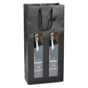 Sac 2 Bouteilles Kraft Noir avec fen&ecirc;tre poign&eacute;es cordeli&egrave;res - 10 Sacs (Maxiburo, neuf)
