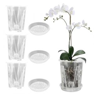 Cable Leader Lot de 3 Pots à orchidées Transparents en Fleur Plastique, Pot orchidée avec Trous de Drainage, perméables à l'air pour Plantes et Fleurs en intérieur et en extérieur (14 cm + Plateau) (yuananhaoyuwanmeng99-1, neuf)
