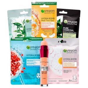 Garnier Lot de 3 masques faciaux en tissu Hydra Bomb Grenade The Vert Camomille + 1 masque de charbon végétal + 1 masque pour les yeux anti-fatigue + 1 correcteur liquide, il efface l'âge 02 nude (CorpoeCapelli, neuf)