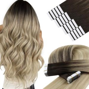 YoungSee Extension Cheveux Naturel Adhesif Ombre 40 cm Extension Adhesive Remy Hair Brun Fonce à Brun avec Blond Adhesif Naturel Lisse Ombre Peut être Bouclé 20pcs 50g Augmenter le Volume des Cheveux (YoungSee Europe, neuf)