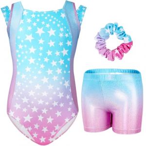 Gogokids Ensemble de Gymnastique Trois Pi&egrave;ces pour Filles, Justaucorps Sans Manches avec Shorts et Bandeau, Tenue de Gymnastique avec Design de Couleur Scintillants D&eacute;grad&eacute;e pour 11 &agrave; 12 Ans (KunTee, neuf)