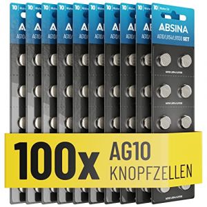 ABSINA 100x Pile LR1130 AG10 LR54-1,5V Alcaline étanche & Longue durée - V10GA / RW49 / G10A / 189 / GP189 / L1130 / 89A - Pile LR54 Pile Bouton, Pile L1131C, Pile L1131, Piles LR54, Piles AG10 (ABSINA GmbH, neuf)