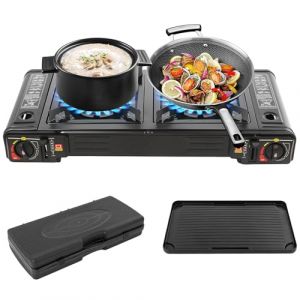 R&eacute;chaud &agrave; gaz portable pour camping, 2 feux, avec plateau barbecue et sac de rangement, pour camping, voyages, randonn&eacute;e, pique-niques, barbecues sur la terrasse et bien plus encore (Zoobotanica, neuf)
