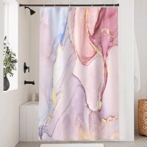 Uiiooazy Rideau Douche Rose Poudré, Rideau de Douche Effet Marbre Bleu et Doré Rideau de Baignoire Anti Moisissure Imperméable Tissu Polyester Lavable Rideau Salle de Bain avec 8 Crochets 120Lx200Hcm (dongguibinjingpinxiaodianpu, neuf)