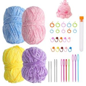 Laine Chenille pour Crochet, Laine Chenille Chaude &agrave; Tricoter, Lot de 4 Pelotes de Fil Chenille de 100 g, Kit de Pelotes de Laine a Tricoter, Fil Chenille &Eacute;pais et Moelleux(Color&eacute;) (TZMH Eur, neuf)