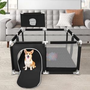 Parc pour Chiots Ou Petits Chiens, Clôture Solide en Tissu épais Et Filet en Nylon Haute Résistance,Parc à Chiots avec Porte, Lavable en Machine, Intérieur/extérieur,126 x 126 x 66 cm - Noir (Hechheu, neuf)