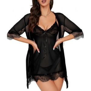 BEINF Ensemble de Lingerie F&eacute;minine Nuisette Sexy en Dentelle &agrave; Col V avec Robe de Nuit Lingerie Babydoll, Ensemble String, Stockage, 4 Pi&egrave;ces (QueenClothes, neuf)