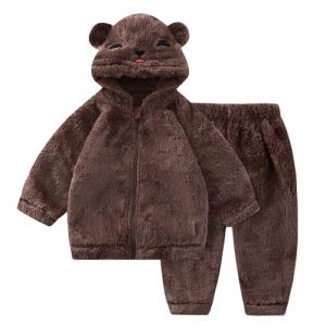 JiAmy Ensemble veste polaire pour bébé - Fermeture éclair - Vêtement d'hiver avec oreilles - Capuche en peluche moelleuse - Pour garçons et filles - 2 pièces - 12 mois à 4 ans, marron, 3-4 ans (JiAmy-EU, neuf)