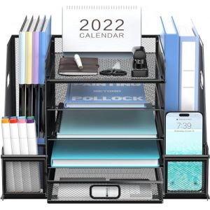 SUPTIDY Organiseur de Bureau en Maille avec Porte-Documents, Porte-Lettres en Papier à 5 Niveaux, Organiseur de Bureau avec tiroir (Noir) (SUPTIDY FR, neuf)