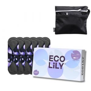 6 Eco Lily serviettes hygiéniques réutilisables | Serviettes hygiéniques lavables, imperméables et absorbantes pour les règles légères | Sac de rangement inclus (Sniper Bay, neuf)