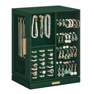 SONGMICS Boîte à Bijoux Rotative à 360°, Coffret à Bijoux avec 5 Tiroirs, Fenêtres en Verre Latérales, Grand, Rangement pour Accessoires, Design Ouvert, Vert Forêt JBC170C01 (SONGMICS HOME FR, neuf)