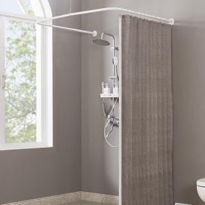 Yampos Porte-Rideau de Douche en U Réglable [Côtés : 60-132 cm, Milieu : 76-117 cm] - Barre de Douche Extérieure Anti-Affaissement avec 12 Crochets et Support Plafond (Better Win, neuf)