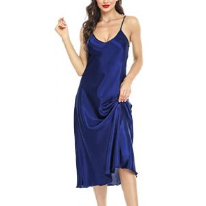 Lovasy Nuisette Femme Satin Chemise de Nuit Kimono Peignoir Nuisett Longue Fond Robe Femmes Vêtements Pyjama Chic,Bleu foncé S (Lovasy Direct, neuf)
