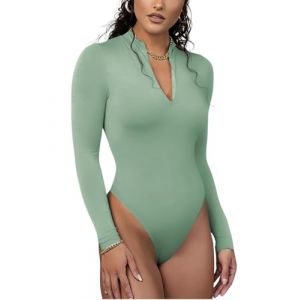 Rongseng Body Femme Manches Longues Sexy Col Roul&eacute; et Col V Bodysuit Top Slim Fit Jumpsuit avec Fermeture &Eacute;clair sur le Devant Stretch Justaucorps Combinaison Chic Haut Shirt Casual Playsuit Clubwear (Rongseng Direct Store, neuf)