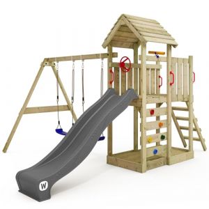 WICKEY Aire de Jeux MultiFlyer portique avec Toit en Bois & balan&ccedil;oire et Toboggan Anthracite, Tour d'escalade pour Enfants avec bac &agrave; Sable, &eacute;chelle et Accessoires de Jeu pour Le Jardin. (WICKEY, neuf)