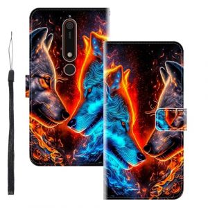 WUACYEAMING Coque pour Nokia 6.1/Nokia 6 Version 2018,Protection Housse en Cuir PU Portefeuille &agrave; Rabat Motif Cover Kickstand Bumper Antichoc [Fentes pour Cartes] Deux Loups (WUACYEAMING, neuf)