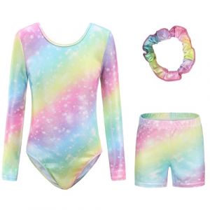 Kiscorpse Justaucorps de Gymnastique pour Filles Trois Pi&egrave;ces Maillots de Gymnastique Gymnastique &agrave; Manches Longues avec Short et Bandeau Ballet Dancewear (Violet-manches longues, 7-8 ans) (ZHENCHI-EU, neuf)