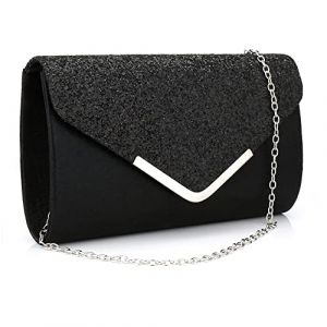 Milky Way Pochette Enveloppe Soirée Sac à Main Mariage En Paillettes Brillan Bandouliere Chic Et Elegant Clutch Argenté Avec Chaîne pour Femme Noir (Royalmal, neuf)