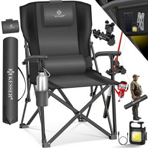 KESSER® Chaise de camping pliable jusqu'à 160 kg, Chaise de pêche pliante rembourrée avec accoudoirs, Lampe de camping et porte-gobelet + sac à dossier haut, Chaise de plage avec support de pêche (WMK Trading GmbH, neuf)