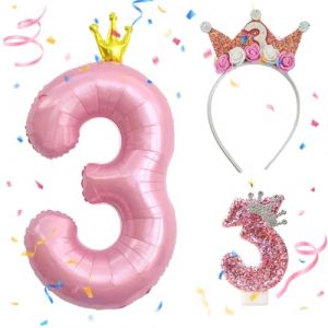 Ballon 3 Ans,Bougies D'anniversaire Num&eacute;ro 3,Couronne Anniversaire de 3 ans,D&eacute;coration Anniversaire Fille 3 An,40 pouces Ballon Chiffre 3,Fournitures F&ecirc;te pour Fille Anniversaire F&ecirc;te D&eacute;corations (WUMINYANG LIMITED, neuf)