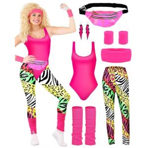 BIQIQI D&eacute;guisement Ann&eacute;e 80 Femme des Costume de Sportif Justaucorps Legging bandeau bracelets jambi&egrave;res boucles d'oreilles Fanny Pack tenue justaucorps des ann&eacute;es 80 pour les ann&eacute;es 80 et 90 (mingqiwangluokeji, neuf)
