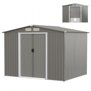 COSTWAY Abri de Jardin 4.7㎡en Acier Galvanis&eacute; Anti-UV, 260 x 207 x 181 CM, Cabane de Jardin Exterieur 9.7 m&sup3; avec Fondation et Porte Coulissante, Rampe, 4 Trous d&rsquo;A&eacute;ration, 4 Gants Inclus, Gris (FDS GmbH, neuf)