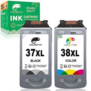 COLORETTO PG-37 CL-38 Cartouche pour Canon 37 38 pour Canon Pixma iP1800 iP1900 iP2500 iP2580 iP2600 MP140 MP190 MP210 MP220 MP470 MX300 MX310 Cartouche d'encre pour Canon 37 38 XL Noir et Couleur (COLORETTO-EU, neuf)