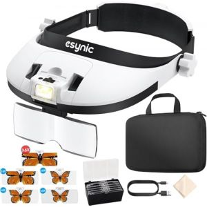 eSynic Loupe Frontale avec Sac de Rangement 5 Lentilles Interchangeables 1X &agrave; 3,5X Lunette Loupe Grossissante 8 LED Bicolores Luminosit&eacute; R&eacute;glable avec Batterie 900mah pour Travail de Pr&eacute;cision Couture (GGY FR, neuf)