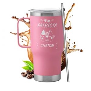 Maverton Mug Isotherme Personnalisable Rose en Acier Inoxydable 600 ml - Gobelet Isotherme avec Paille et Bo&icirc;te Cadeau - avec brosse de nettoyage - Cadeau Femme Anniversaire chat (MAVERTON, neuf)