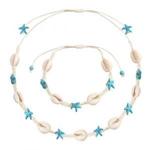Wnddle Colliers de coquillages naturels Bracelet pour femmes filles, Set de 2 Bracelet et Collier de Coquillages, Collier de Coquillages Naturels, Hawaii Plage réglable cauris Choker Bracelet. (Akane sleeve, neuf)