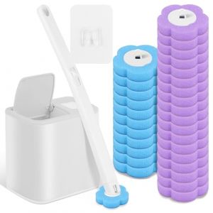 Brosse de toilette, jetable, avec têtes de rechange pour tige de toilette, brosse WC avec recharge de nettoyant et éponge (blanc + 30) (xiangbaoshang, neuf)