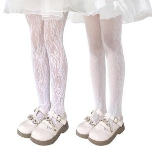 LOLANTA 2 paires de collants résille à motifs pour filles, collants en dentelle ajourée pour fête de carnaval, Fleur/pois blancs, 3-5 ans, S (LOLANTA, neuf)