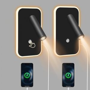2 pièces Liseuse Applique Murale LED avec Port usb et Type C, Liseuse de Chevet Dimmable en continu, 3W+9W 3000K Liseuse Tete de Lit pour chambre à coucher, salon (noir) (YOUWEN LIMITED, neuf)