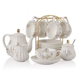 British Royal Series Service &agrave; th&eacute; en porcelaine avec tasses et soucoupe pour 6 personnes 225 ml avec th&eacute;i&egrave;re, sucrier, pichet &agrave; cr&egrave;me, cuill&egrave;res &agrave; caf&eacute; et passoire &agrave; th&eacute; (Sweejar Home, neuf)