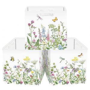 Clastyle Lot de 3 Boite Rangement Tissu Fleurs Sauvages Cube de Rangement Pliable Femmes Panier Kallax pour Salle de Bain,Verte,30x30x30 cm (Changtian_Im&Ex, neuf)