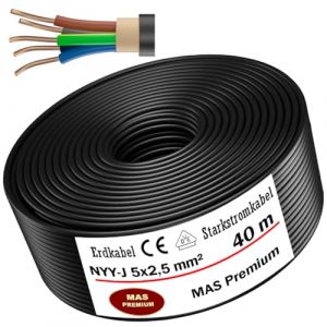Câble de terre Produit de qualité allemande Câble électrique avec anneau pour pose en extérieur et en terre Câble d'alimentation standard Fabriqué en Allemagne (NYY-J 5 x 2,5 mm², 40 m) (MAS-Premium, neuf)
