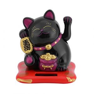 Delaman Chat Porte Bonheur Bonne Chance, avec Bras Mobile à l'Energie Solaire, Décoration pour Voiture Maison Bureau, Hauteur 7,5 cm (Color : Black) (VIFER, neuf)
