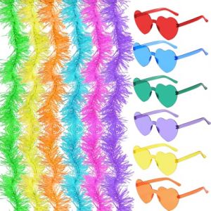 GWAWG Lot de 12 boas en plumes avec lunettes de soleil sans monture Boas de Plumes de d&eacute;guisement,Feather boa pour Femme pour Cosplay, Halloween, avec Lunettes de Soleil sans Monture en Forme de c&oelig;ur (GWAWG, neuf)