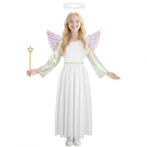 AYBUY Costume de Ange pour Enfant,Deguisement Costume Robe de Ange avec Ailes Baguette Magique de F&eacute;e at Aur&eacute;ole pour Enfant,D&eacute;guisement Ange Fille pour Enfant No&euml;l Nouvelle Ann&eacute;e D'Halloween,140 (withchance, neuf)