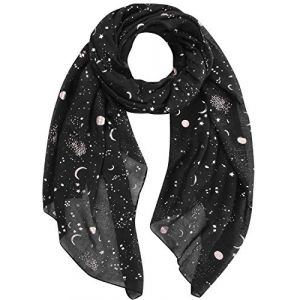 Tuopuda Femme Foulard Argent &Eacute;toile Feuille de Lune Paillette Imprim&eacute; &Eacute;charpe Foil Print L&eacute;ger Doux Wraps Sparkly Ch&acirc;le Scintillante Scarf-180cm x 70cm-Noir (&eacute;toile dor&eacute;e et lune) (YCH_GO, neuf)