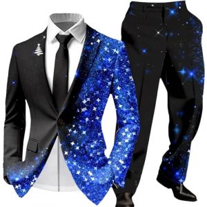 Foweknow Costume de No&euml;l pour homme 2 pi&egrave;ces moche costume de No&euml;l imprim&eacute; 3D veste de costume et pantalon de costume ensemble complet tenue de f&ecirc;te de No&euml;l costume de f&ecirc;te slim fit pour homme, bleu (ROTPMS, neuf)