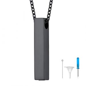 U7 Collier Urne Funéraire Chat Acier Noir Pendentif Barre Verticale Ouvrable avec Chaîne Ajustable Offerte 50cm/2.5mm Fournei Bijou Accessoire Cinéraire (HMDEU, neuf)