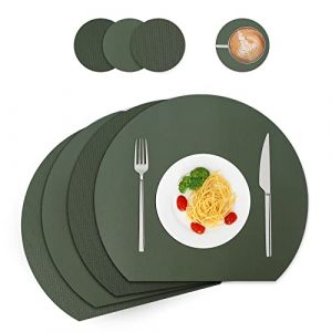 Sets de table et dessous de verre en cuir, lavables, sets de table ronds, sets de table de cuisine, set de 4 (demi-cercle, vert) (wakosan, neuf)