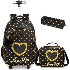 Egchescebo Sac &agrave; Dos a Roulette Pour Enfant Fille D'&eacute;cole Love Scolaires Cartables et Trousses Grande Capacit&eacute; avec Cartable Ecole Primaire Chariot pour Cartable de Voyage Valise 17" 3PCS Noir (Egchescebo EUR, neuf)