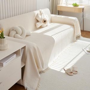 VanderHOME Grand Plaid et Couvre-lit en Gaufré, Protege Canape, Lavable Jeté de canapé, Jete de canape avec Franges Délicates 180 * 230cm-Blanc crème (VanderHOME-FR, neuf)