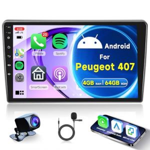 4G+64G sans Fil Carplay Android Autoradio 2 Din pour Peugeot 407 2004-2011 9 Pouces &Eacute;cran Tactile Autoradio avec Android Auto GPS Navi WiFi Mirror Link Bluetooth FM/RDS/32 EQ/USB/SWC Cam&eacute;ra de Recul (Rimoody Direct, neuf)