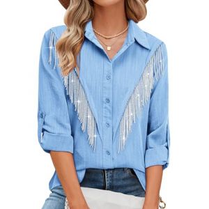 MYMORE Chemise boutonn&eacute;e avec franges &agrave; strass et manches 3/4 pour femme, pour tenue de cowgirl, concert Nashville, western, Taille XL (MAOYUESHANGMAO, neuf)