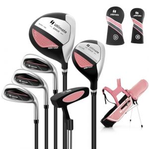 COSTWAY Ensemble Club de Golf Portable pour Enfants de 11 à 13 Ans, Set de Golf Complet Sac Trépied avec Capuche Anti-Pluie Driver #1 Hybride #5 Fers #7#9#S et Putter, pour Droitier(Rose) (FDS GmbH, neuf)