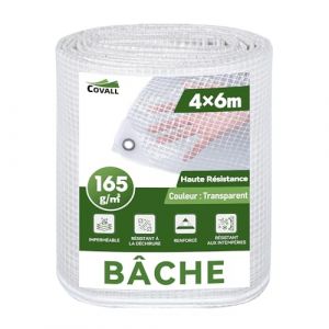 COVALL B&acirc;che Transparente Ext&eacute;rieur 4x6m Dimensions Finies, avec Oeillets, Haute R&eacute;sistance 165 g/m&sup2; Arm&eacute;e, Imperm&eacute;able, Id&eacute;ale pour Serre, Jardin, Poulailler et Protection Balcon Contre la Pluie (RAINDEWAY COVERS, neuf)